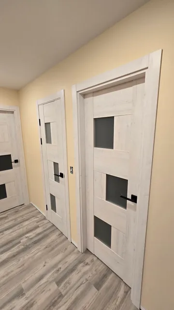 Light-finish doors with rectangular glass panels