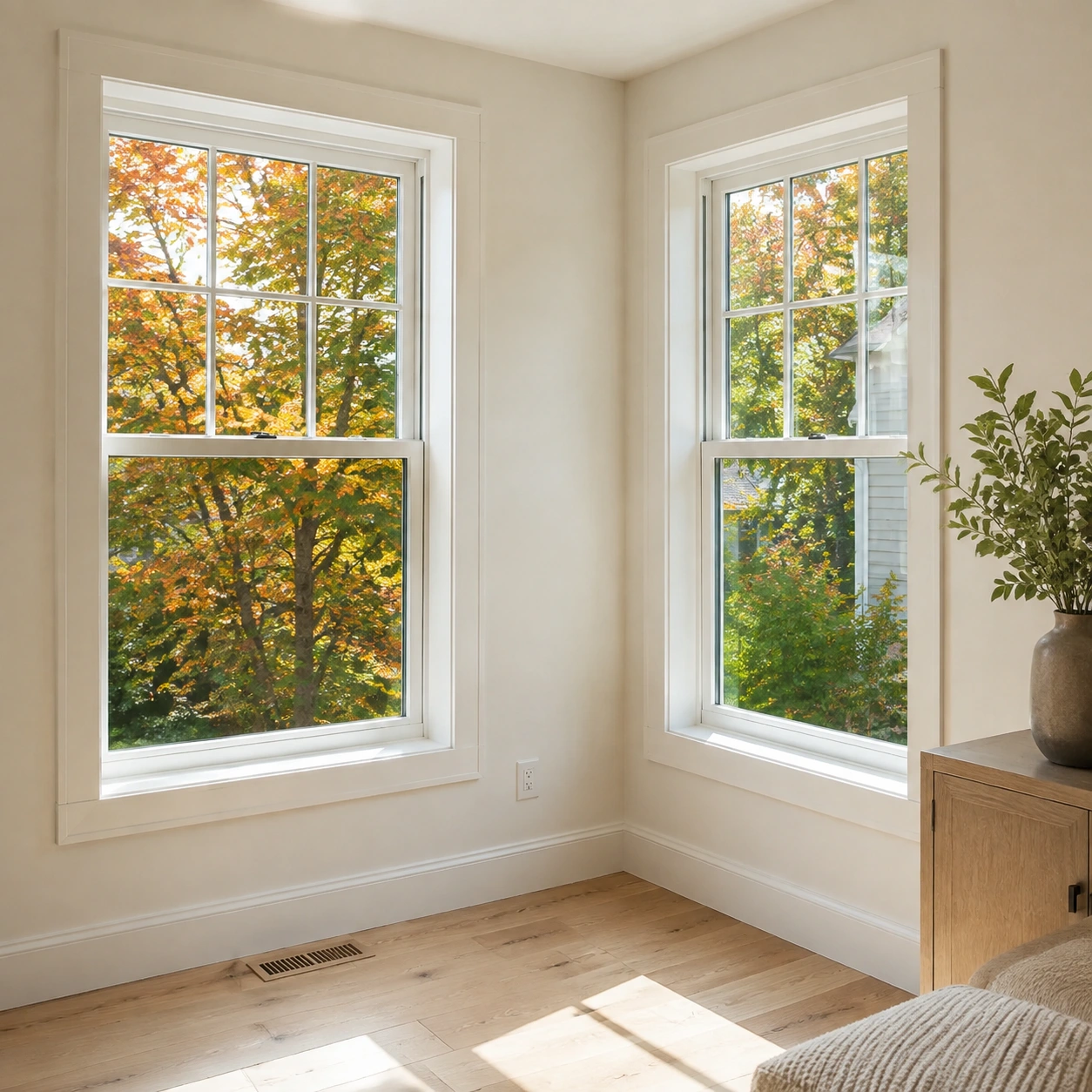 White-trimmed double-hung windows overlooking autumn maple trees