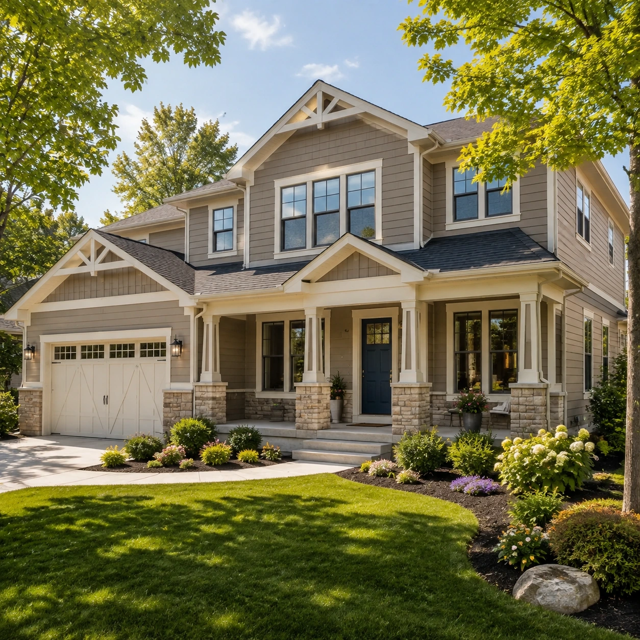 Wisconsin-style Craftsman home with taupe siding, stone porch columns, and a navy entry door